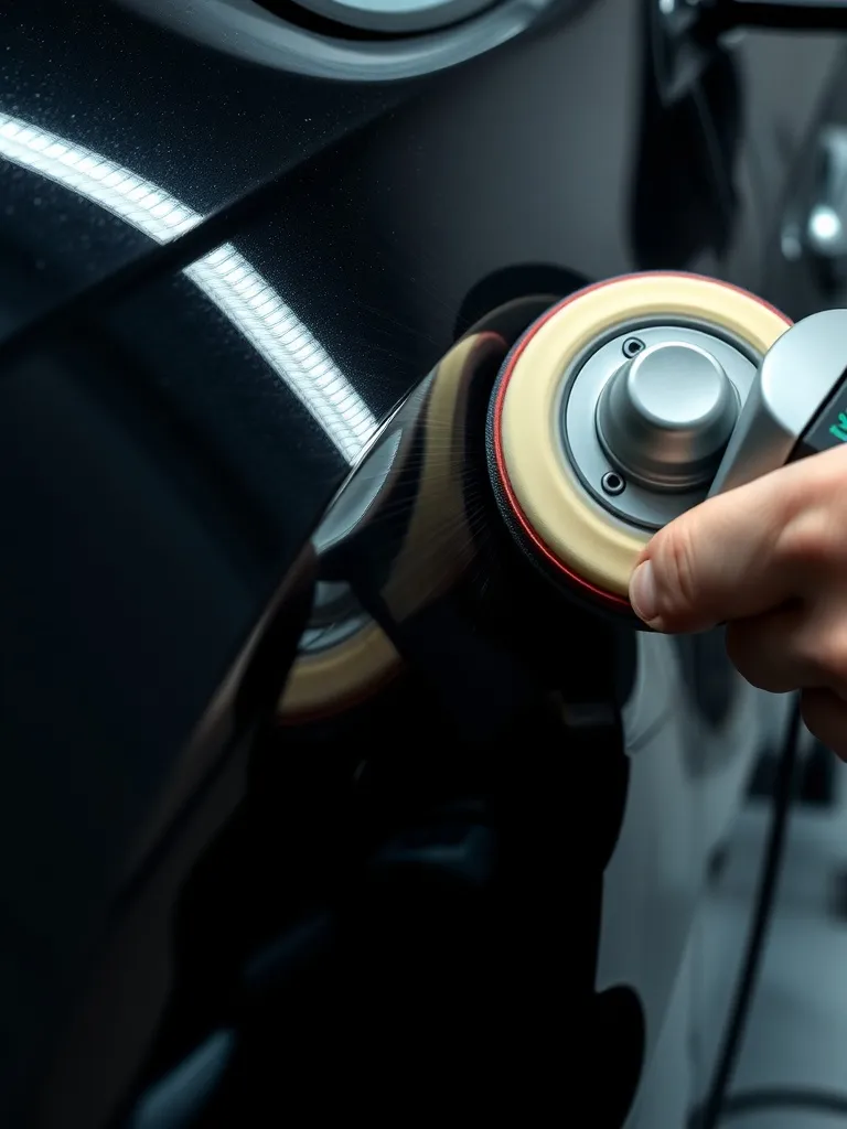 Close up of a professional car detailing process, polishing