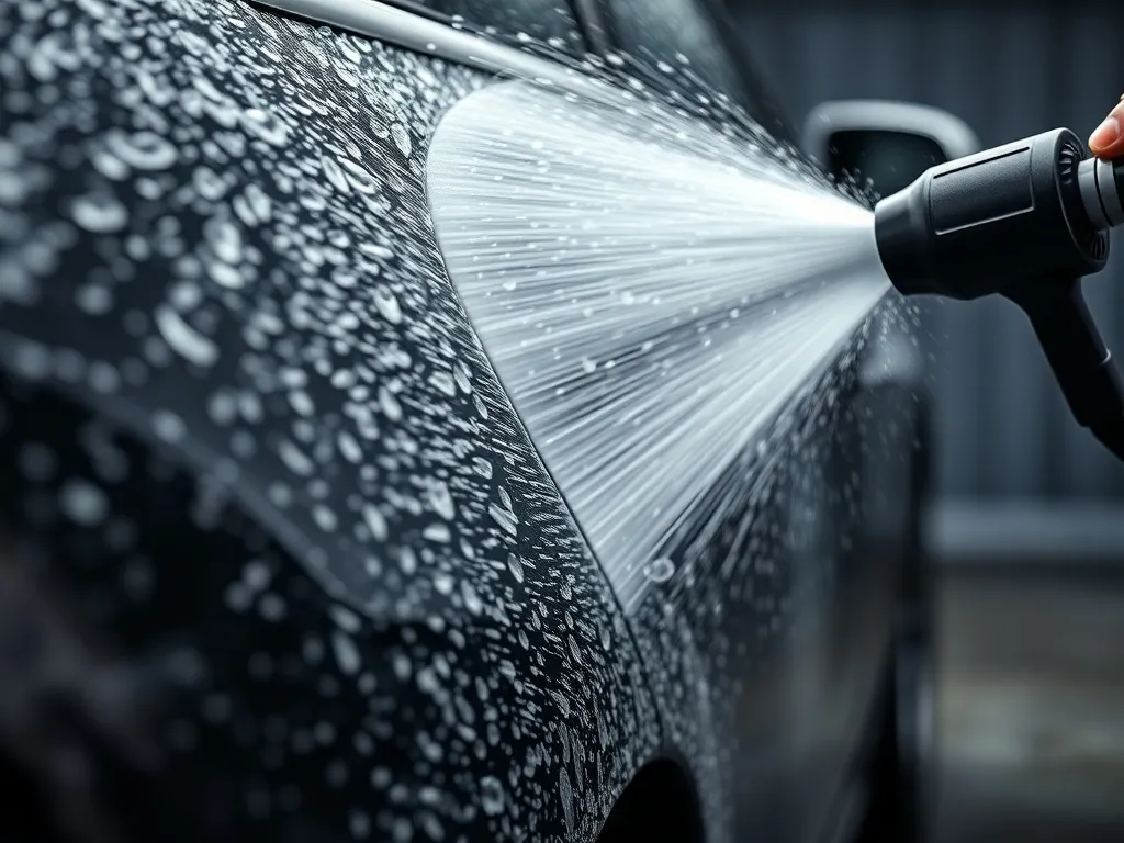 High-pressure car washing process with professional equipmen