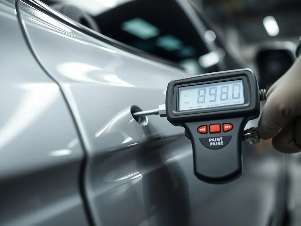 Close-up of a professional car paint thickness gauge measuri